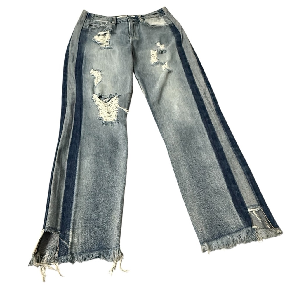 HIDDEN Distressed Light Wash Denim‎ Jeans Side Stripe Ripped Raw Hem Size 28.